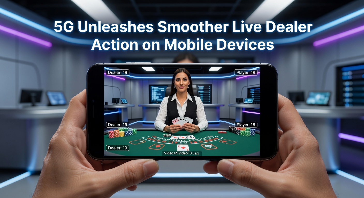 A mobile phone screen displaying a live dealer blackjack game with crystal-clear video stream and fast card dealing action powered by 5G connectivity