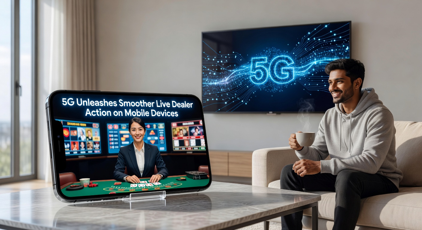 Illustration of a diverse group of mobile users engaged in live dealer casino games, showing low-latency interactions, HD streams, and global connectivity via 5G towers