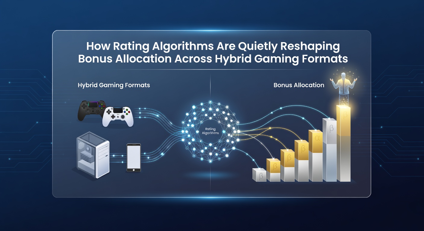 Illustration showing rating algorithms analyzing player data across hybrid gaming formats including slots, live dealer tables, and sports betting interfaces