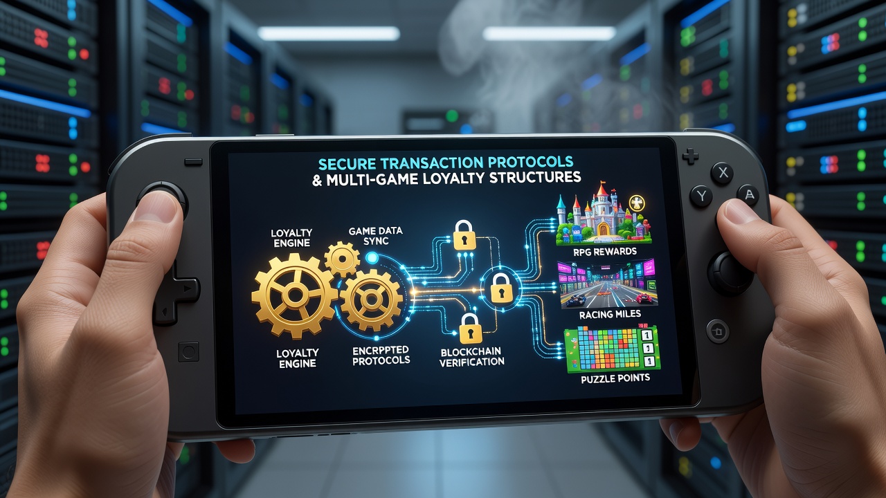 Secure transaction protocols integrated with loyalty systems on mobile gaming devices showing encrypted data flows and point accumulation across multiple games
