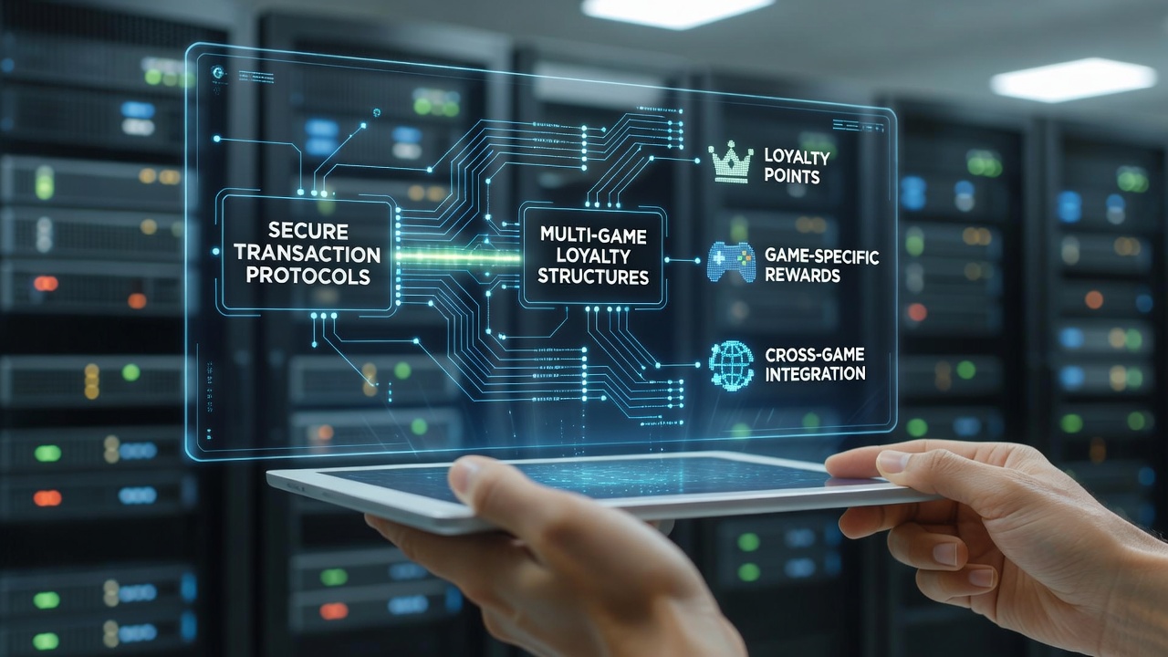 Mobile device interface displaying multi-game loyalty tiers synchronized with secure wallet transactions and cross-title point tracking