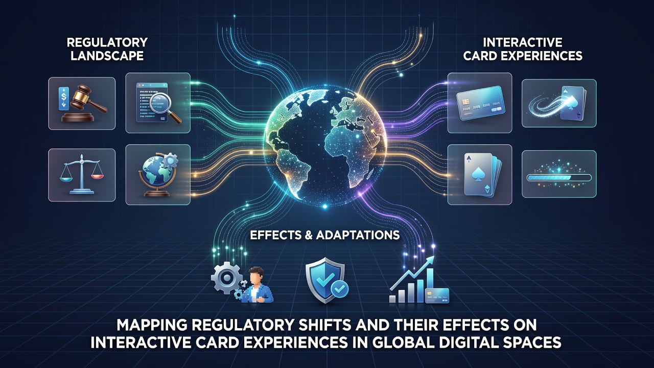 Interactive card game interfaces displaying compliance notifications and regional rule adaptations in digital environments