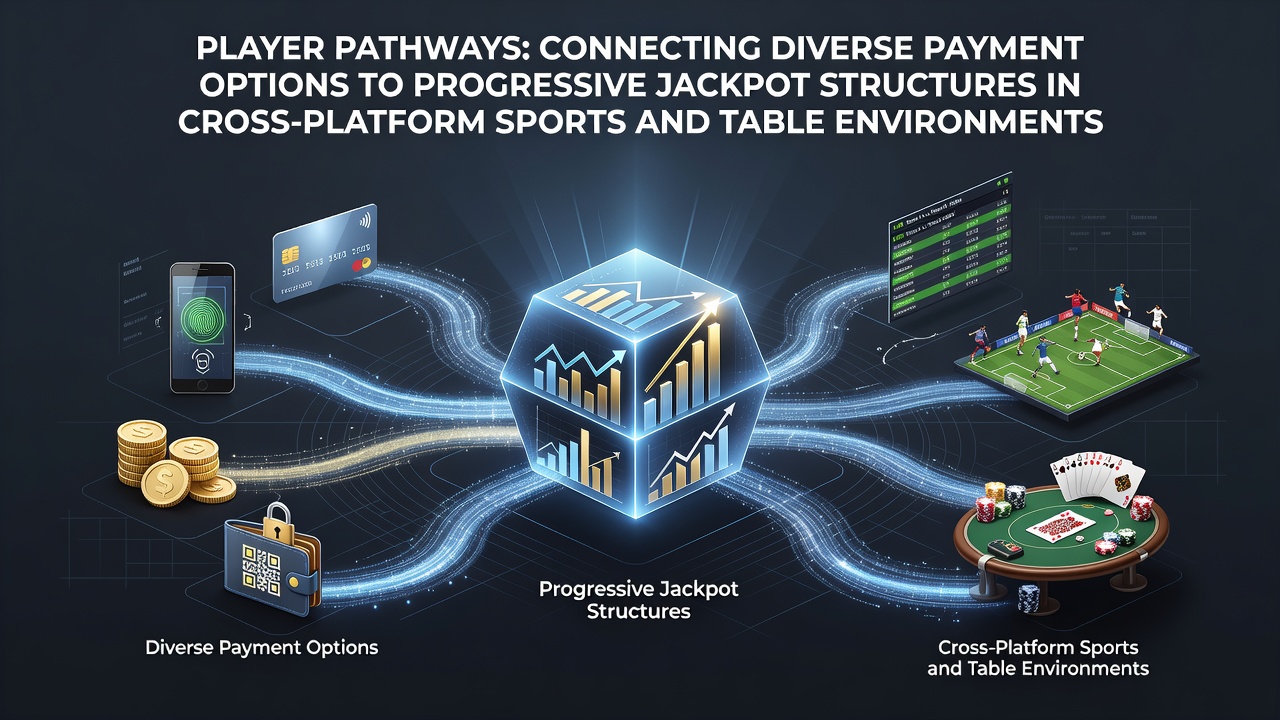 Illustration of interconnected payment systems feeding into progressive jackpot networks across sports betting and table game platforms