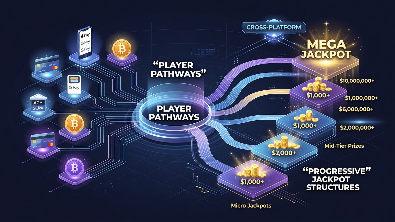 Diagram showing payment flows linking sports betting and live table games to unified progressive jackpot meters