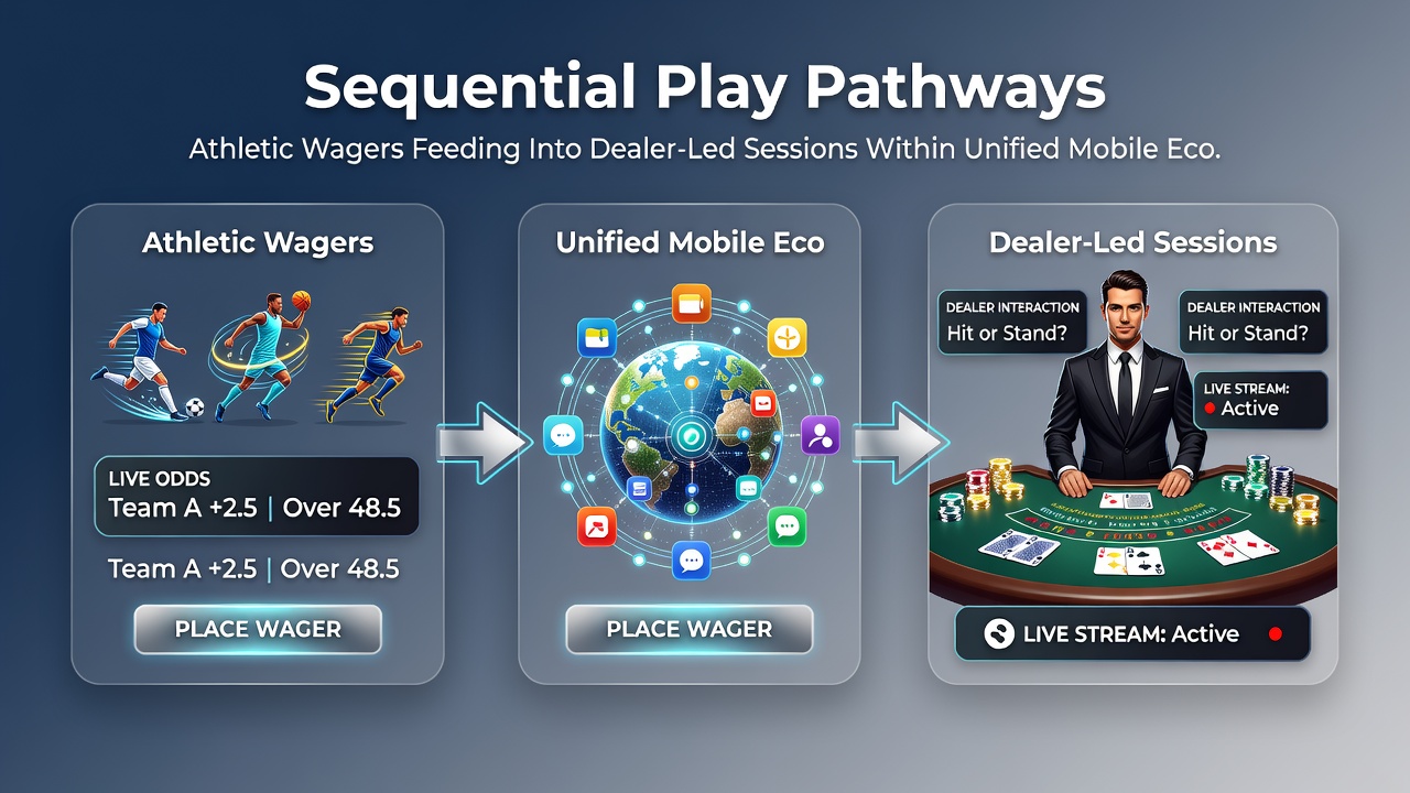 Data dashboard illustrating player flow from sports wagers to live dealer tables in a mobile ecosystem
