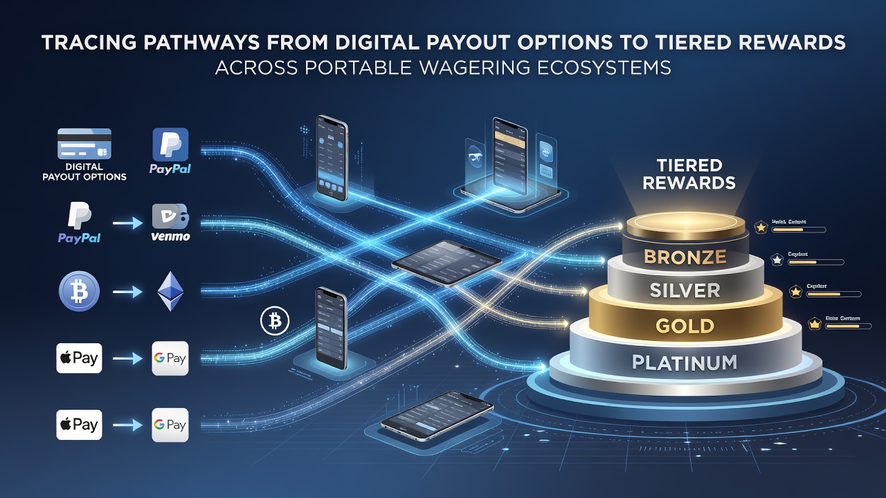 Digital payout interfaces connecting to mobile wagering reward tiers on portable devices